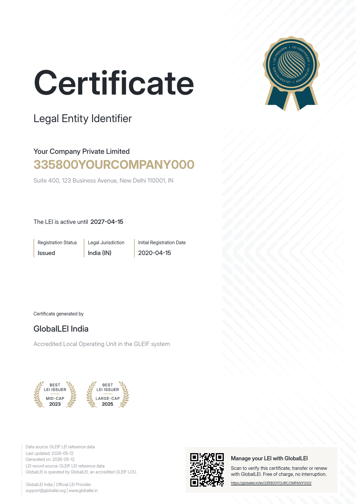 Free LEI certificate mockup for a placeholder company